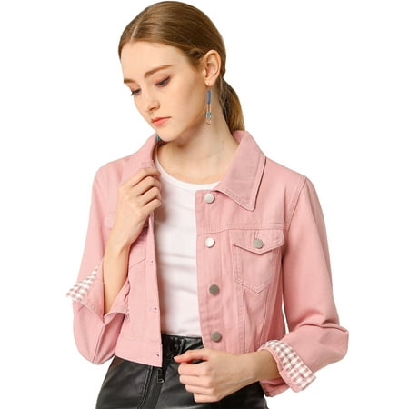Unique Bargains Women s Button Down Long Sleeves Cropped Denim Jacket Walmart