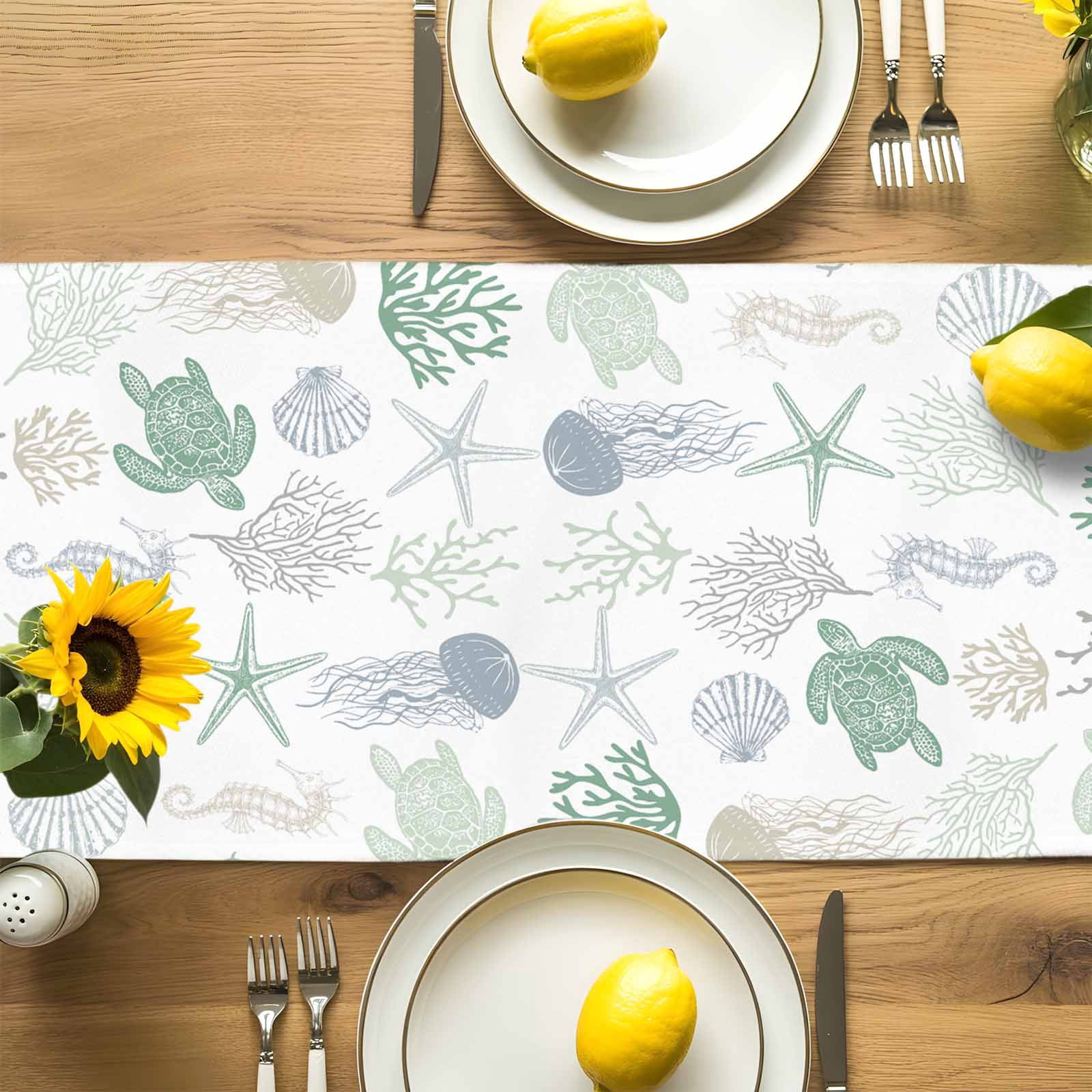 Nautical Coral Sea Turtle Summer Beach Table Runner 90 Inches Long, Coastal Green Gradient Table Runners Tabletop Scarf Kitchen Dining Tables Decoration for Home Party Indoor Outdoor
