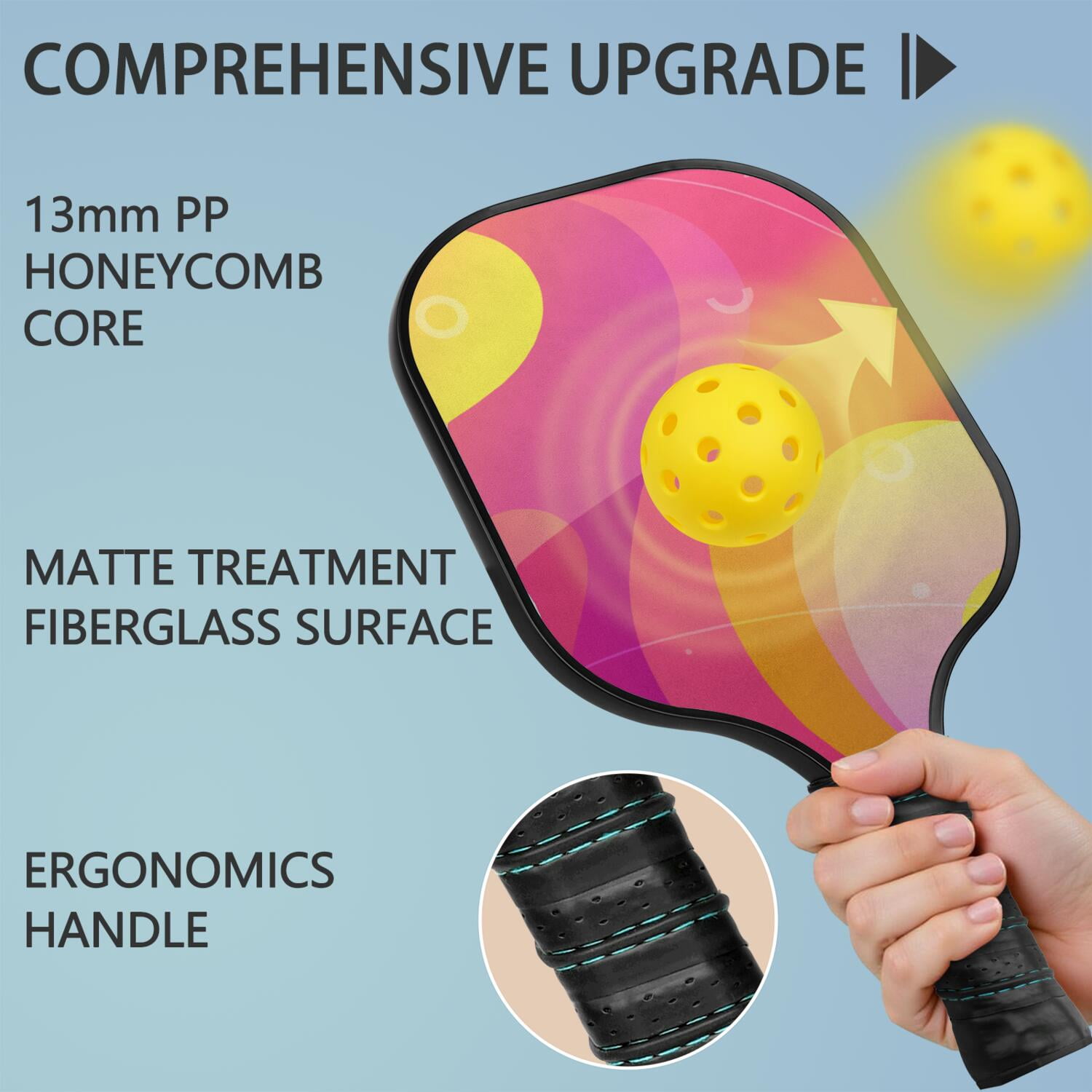 Pickleball Paddles Set Of 1, Fiberglass Surface, Neon Fluid Print, 1 Paddle, 2 Balls & Bag