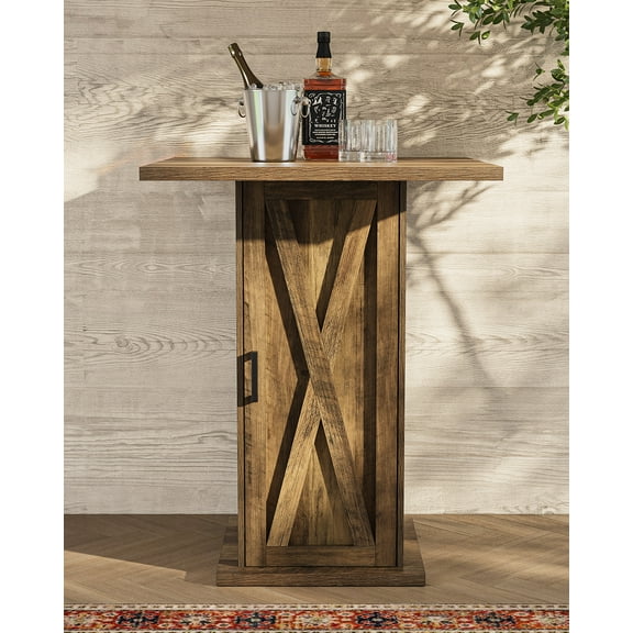 Finmind Vintage 4-Tier High Bar Table, 39.37 Inch Square High  Pub Table with 3 Storage Shelves, Modern Simple  Bistro Table with Door, Brown