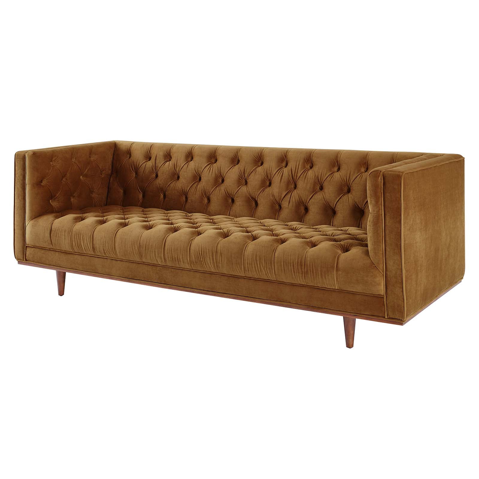 Cognac Tufted Faux Leather Sofa with Track Arm and Wood Frame