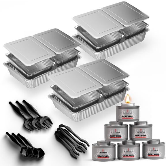 Caterpax Disposable Chafing Dish Refill Kit – 3 Full Size & 6 Half Size Disposable Buffet Trays with 6 x 4 Hour Fuel Cans & Serving Utensils – Replacement Set