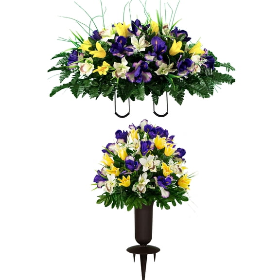 Sympathy Silks Artificial Cemetery Flowers Yellow Tulips/Purple Iris/Orchids Bouquet & Saddle with Vase