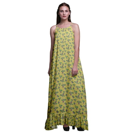 

Bimba Medium Yellow Floral Leaves & Rose Nightgowns For Women Rayon Printed Spaghetti Strap Womens Nightwear Lingerie Medium
