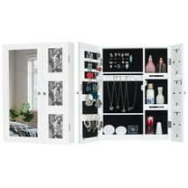 Winado Wall Mounted Armoire Jewelry, Foldable Jewelry Cabinet Organizer Storage Box with Mirror and 3 Photo Frame, White
