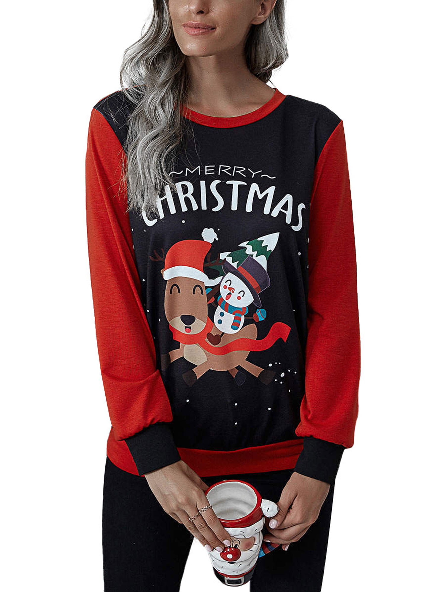Christmas Shirts for Women Color Block Splicing Long Sleeve Crewneck Sweatshirts Casual Loose Plus Size Pullover Tops 