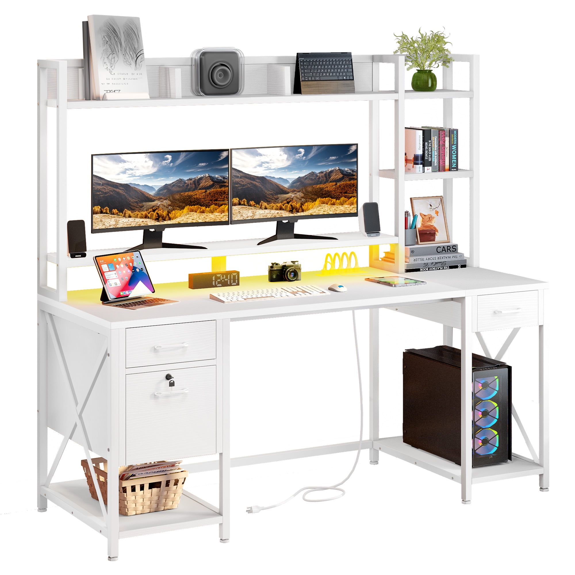 Dextrus 59.1"Computer Desk with Power Outlets & Hutch, Office Desk with Storage Shelves & Drawers with Lock, Gaming Desk with LED Lights & Monitor Stand, White