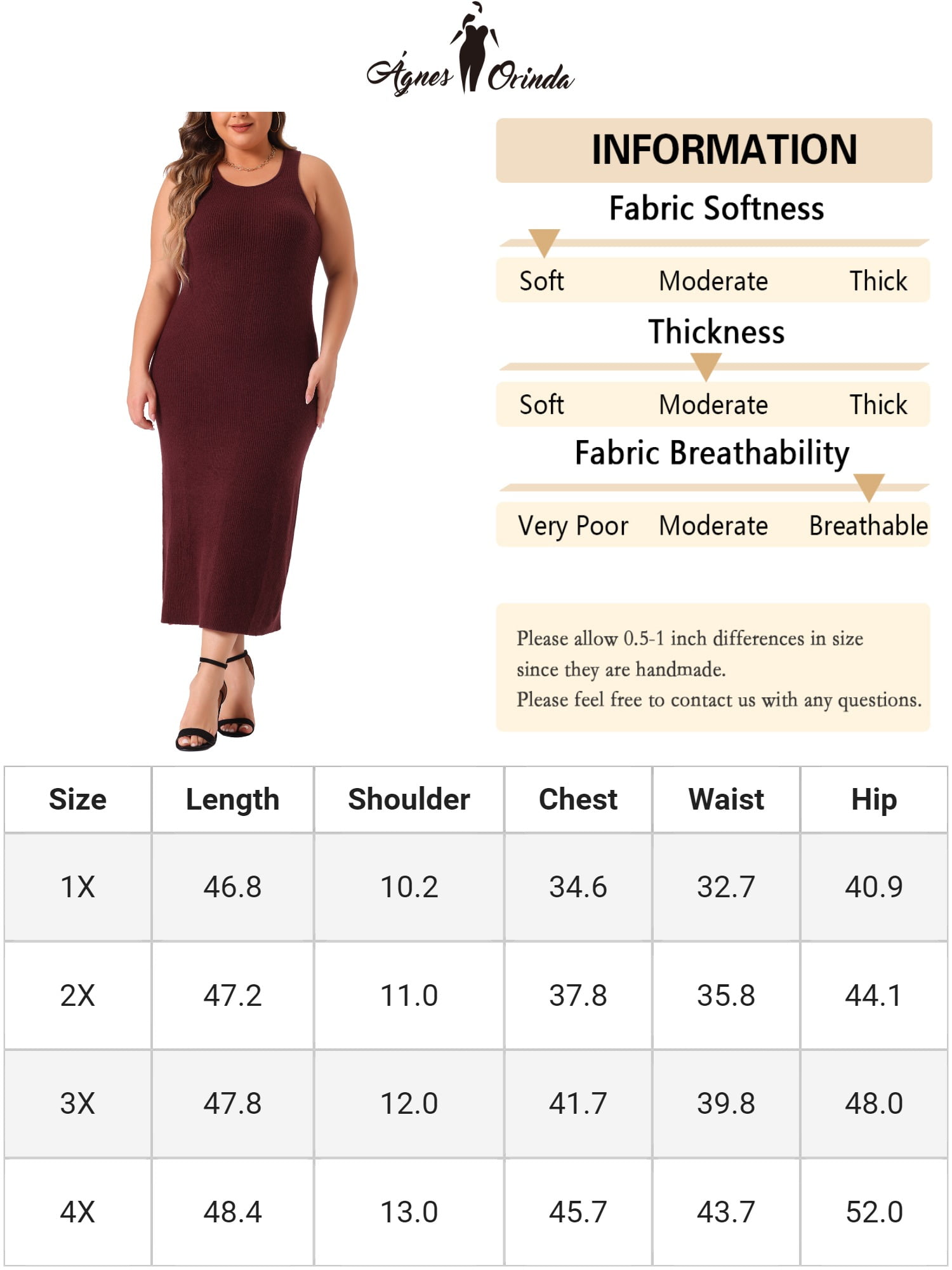 DARING DIVA Plus Size Sweater Crew Neck Sleeveless Midi Tank Dress 2X Burgundy