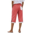 thumbnail image 4 of BUIGTTKLOP Women Cotton Linen Capri Pants Side Split Button Knee Length Long Shorts Ladies Striped Capris, 4 of 6