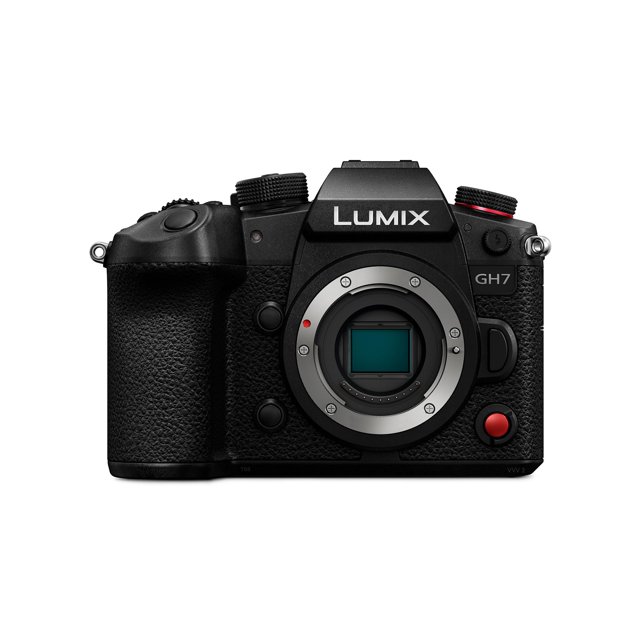 Panasonic LUMIX GH7 Mirrorless Micro Four Thirds Camera with a 25.2M BSI CMOS sensor, Phase Detection Autofocus, and Real-Time Recognition AF for human, animal, and vehicle tracking. Front-facing view showcases the camera body with textured grip, control dials, and lens mount. Designed for professional workflows, it features internal Apple ProRes RAW recording, 32-bit float audio, and Adobe Cloud compatibility for efficient video production and post-processing.