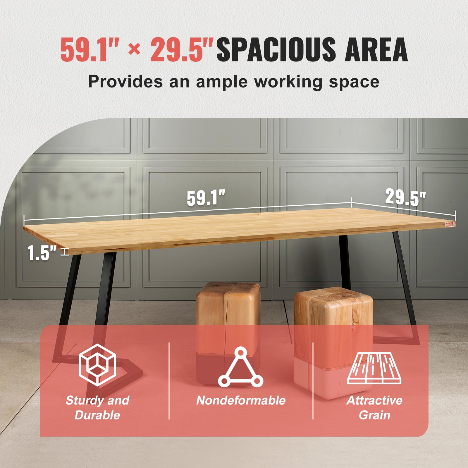 VEVOR Wood Table Top,Holds up to 330 lb, 59.1" x 29.5" x 1.5" Rectangular Countertop for Height Adjustable Electric Standing Desk Frame, Universal Solid One-Piece Maple Desktop for Office&Home Desk