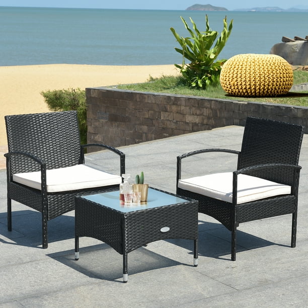 Costway Juego de Muebles de 3 Pzas Mesa y 2 Sillas para Patio, de Mimbre y Ratán, con Cojín