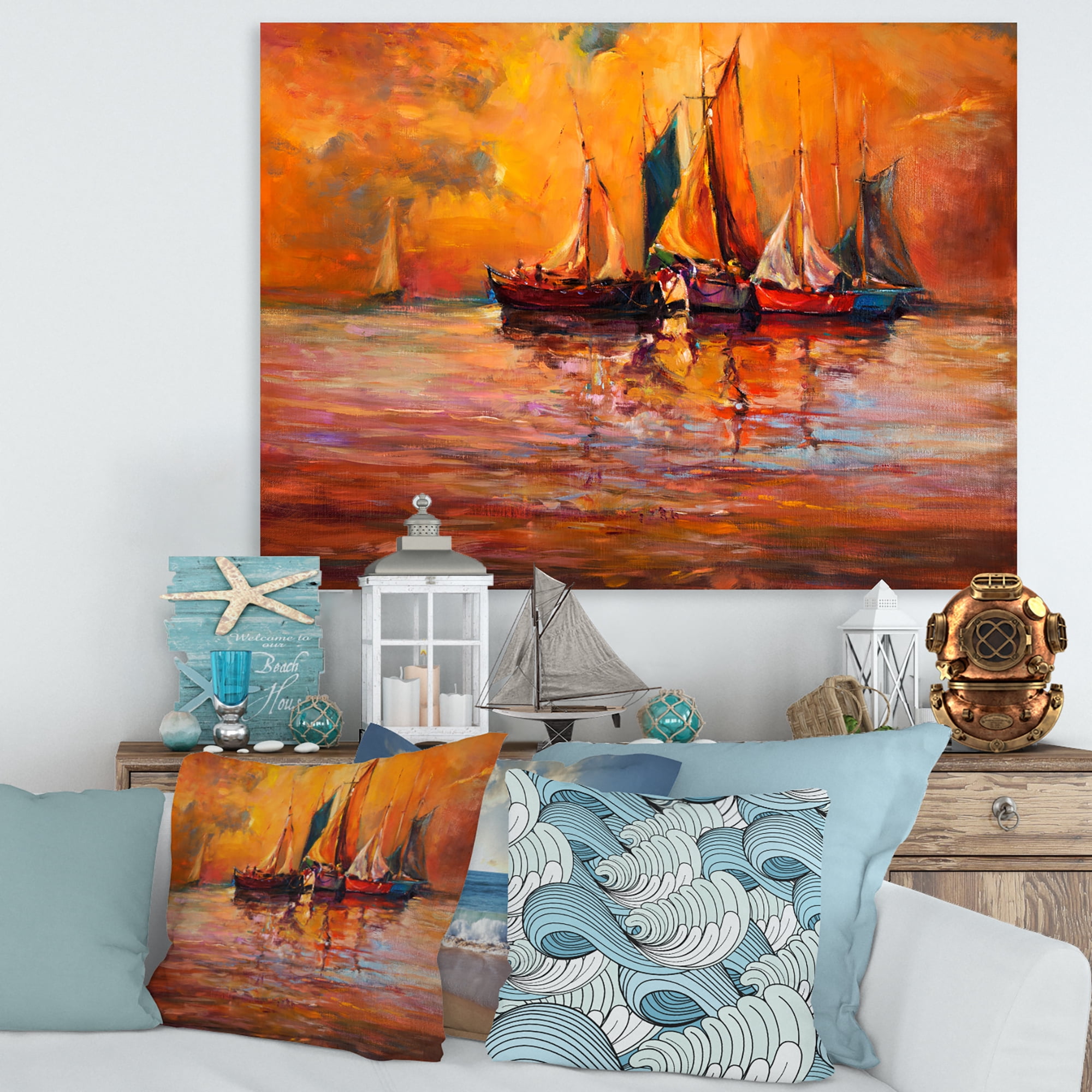 Designart ' Boats During Evening Sunset In The Ocean I ' Nautical & Coastal Canvas Wall Art Print