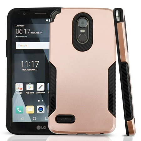 Accent Three Roses - Hybrid Armor Case with Carbon Fiber Accents for LG Stylo 3 / Stylo 3 Plus - Rose Gold