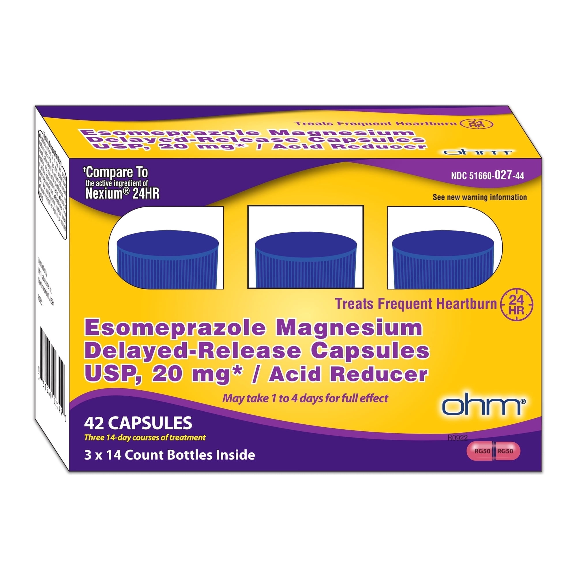 Ohm Esomeprazole Magnesium Capsules, 20mg, Heartburn & Acid Reflux Relief, Antacid, 42 Capsules, 3 Pack