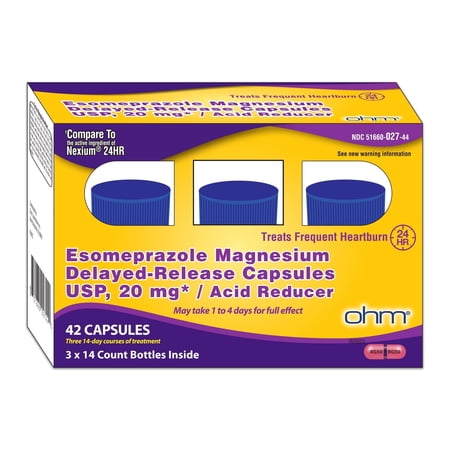 Ohm Esomeprazole Magnesium Capsules, 20mg, Heartburn & Acid Reflux Relief, Antacid, 42 Capsules, 3 Pack