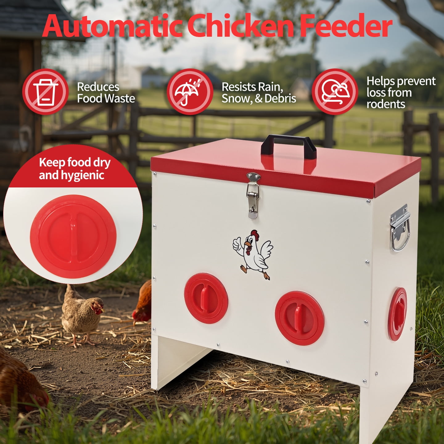 SHZOND Automatic Chicken Feeder 50 LBS,6 Port Metal Poultry Feeder,Large Capacity Automatic Poultry Feeder System, No Waste Poultry Feeder with Locking Lid for Chickens, Ducks&Poultry