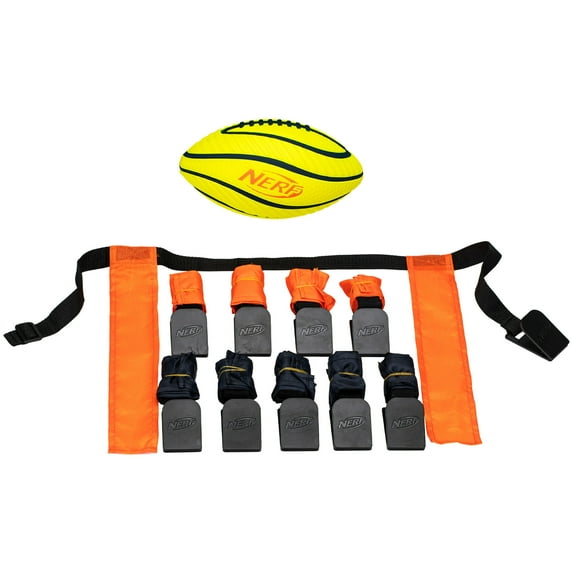 NERF 10 Player Flag Football Belts Ball Set - Youth Flags Junior Foam Football for Kids - Full Kit for 5 v 5 Games - Includes (10) Belts 1 NERF Foam Ball