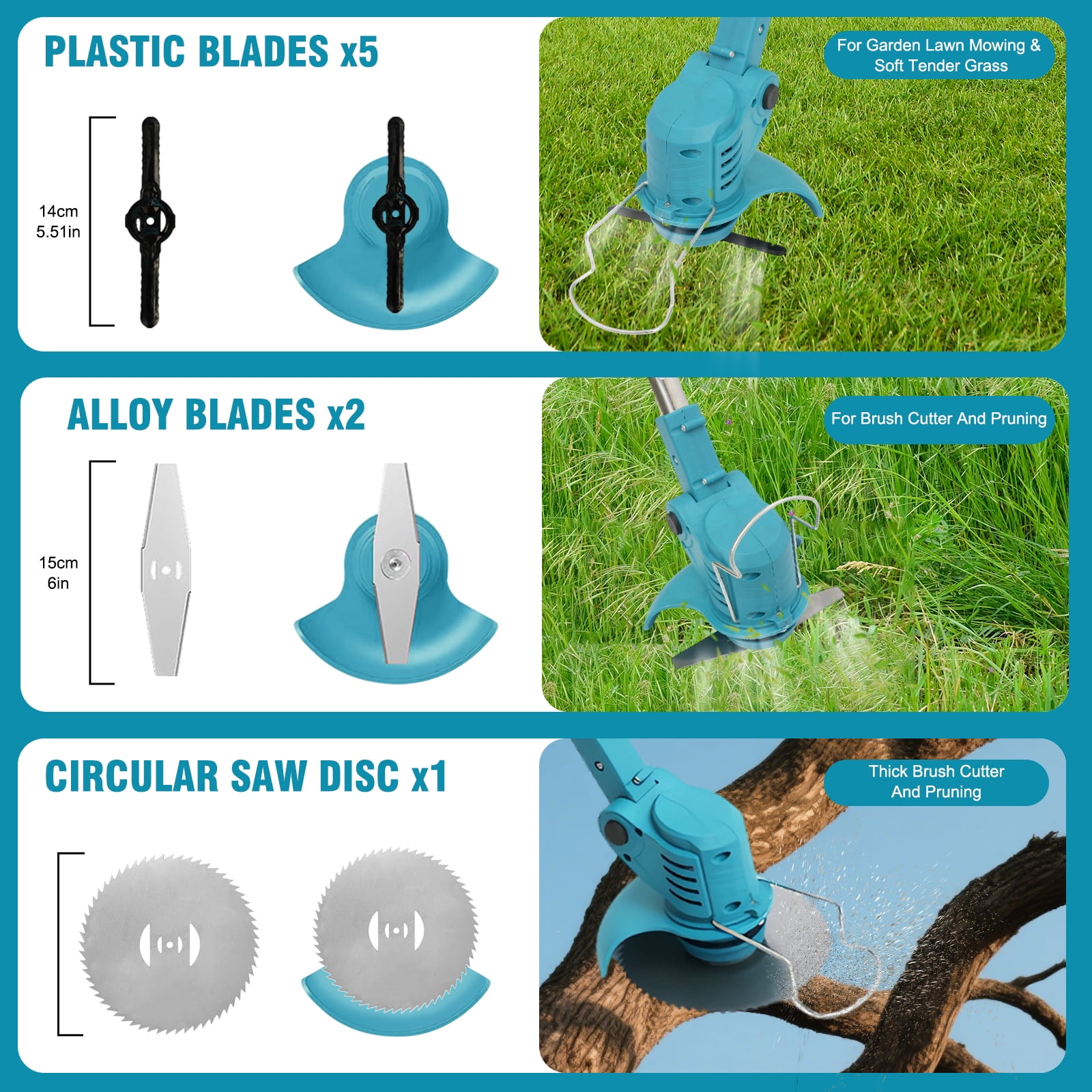 BAOKALER 24V Cordless Weed Trimmer, 650W Electric Weed Wacker, Battery Powered Weed Eater for Lawn Yard Garden, 2PC 2000mAh Batteries and Charger, 3 Types of Blades, Blue