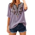 thumbnail image 2 of Summer Women Boho T-Shirts Floral V Neck Embroidered Tops Short Sleeve Loose Casual Flowy Trendy Shirts Purple 2XL, 2 of 6