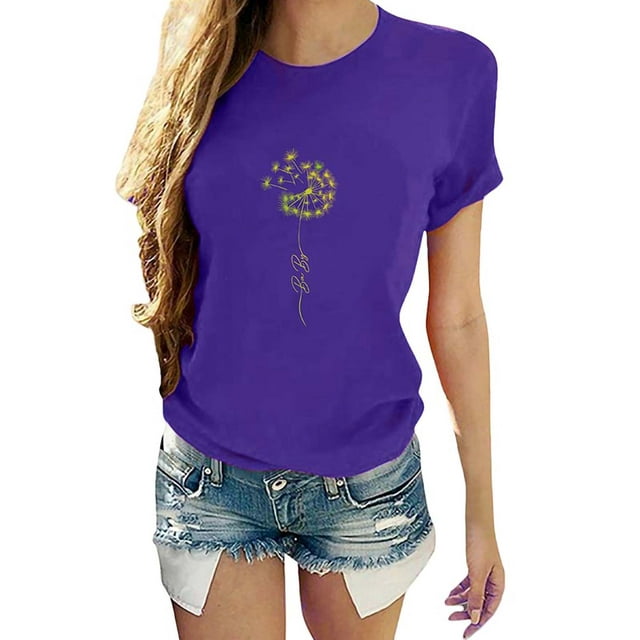 Daeful Hauts T-Shirts Imprimé Pissenlit Manches Courtes Dames Coupe Décontractée Col Rond Violet G