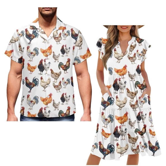 Garronmavis Rooster Couples Matching Outfits Men's Short Sleeve Shirt Fashion Button Up Beach Shirts and Women's V-neck Dress Elegant Party Dresses Size 3XL with Pocket