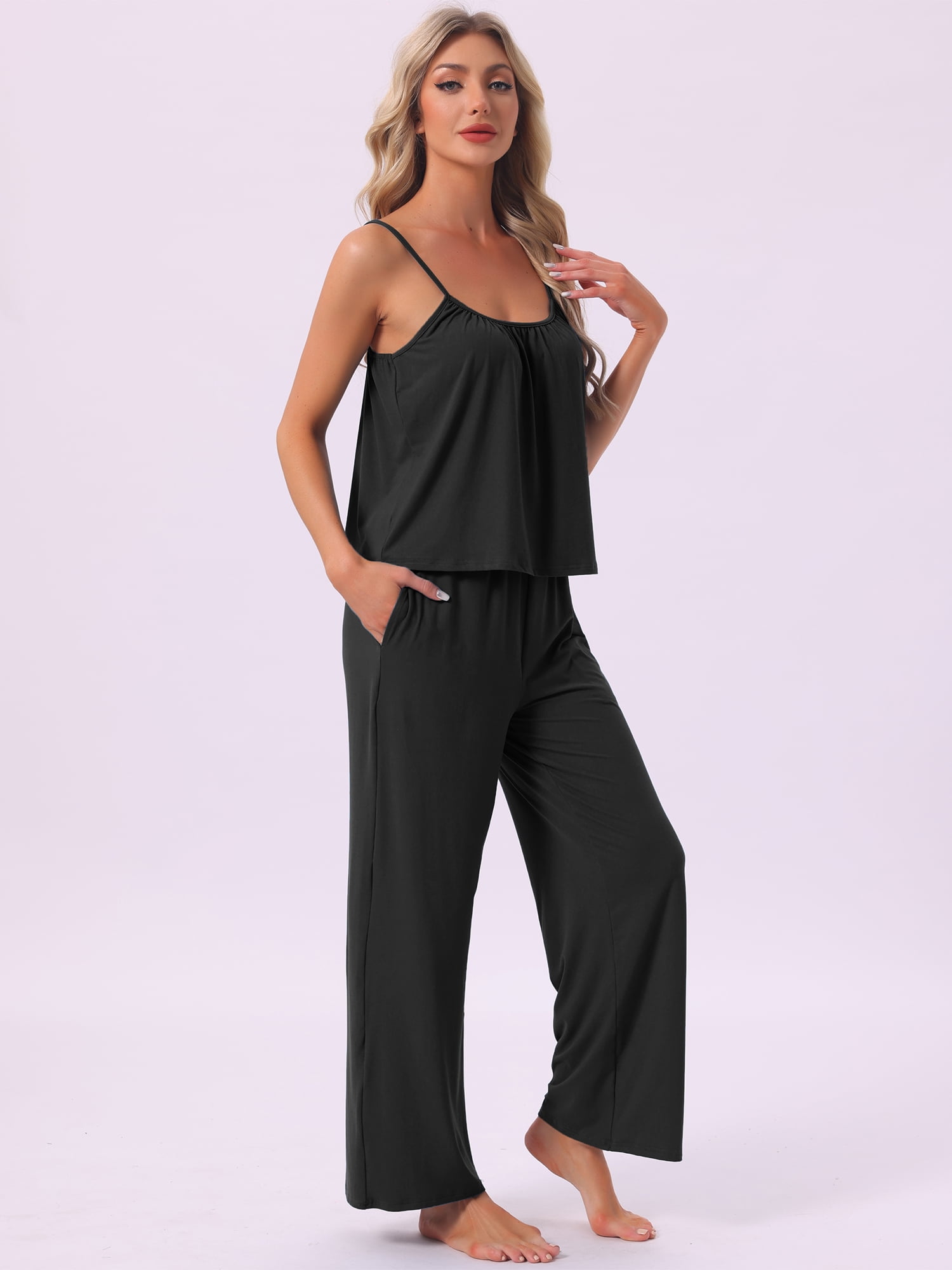 DARING DIVA Women's Cami Tank Top and Pants Pleated Pajama Sets with Pockets S Black