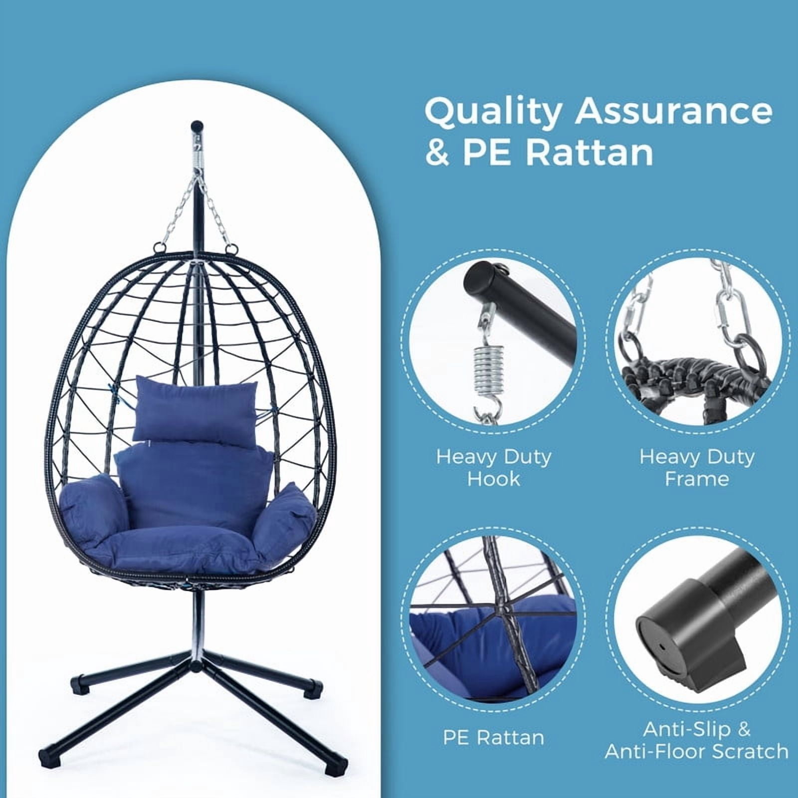Hanging Egg Chair with Stand, Outdoorn Wicker Egg Swing Chair with Cushion, Heavy Duty Patio Hammock Chairs for Garden Backyard Balcony Bedroom