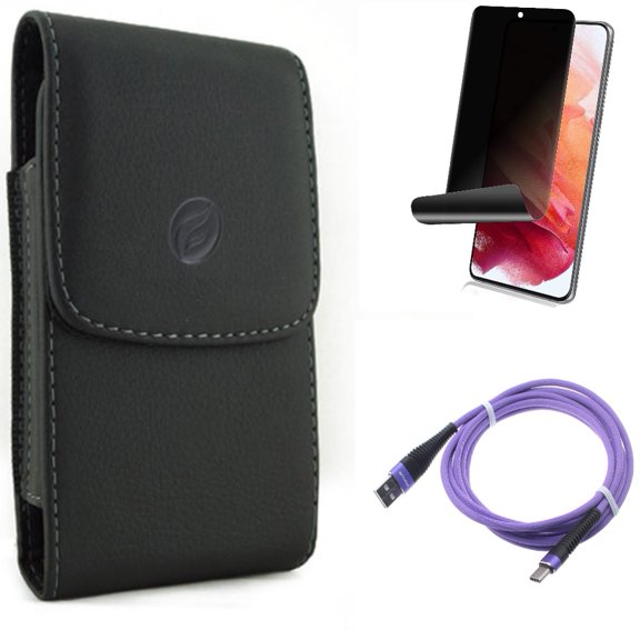 Case Belt Clip & 10ft USB Cable & Privacy Screen Protector for Samsung Galaxy S22 (6.1") - Leather Holster & Purple Type-C & TPU Film Fingerprint Works Accessory Bundle