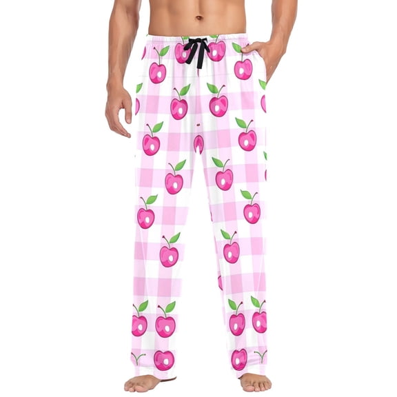 Cotton Mens PJ Pajama Pants Bottoms Waistband Sleepwear with Pockets Cherry on Plaid