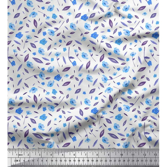 Soimoi Blue Cotton Duck Fabric Leaves & Periwinkle Floral Printed Fabric 1 Yard 42 Inch Wide