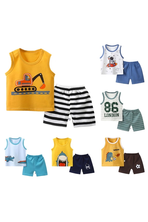 Summer Boys Girls 2 Piece Outfits, Toddler Boys Casual Clothing Set, Baby Summer Boy Cute Printed Round Neck Tank Shorts Suit 3 Years