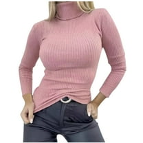 Fesfesfes Women's Casual Tops Fitting Solid Color Long Sleeve Stand-Up Collar with Ribbed Cuffs Knitted Sweater Comfortable Blouses(Pink#1,L)
