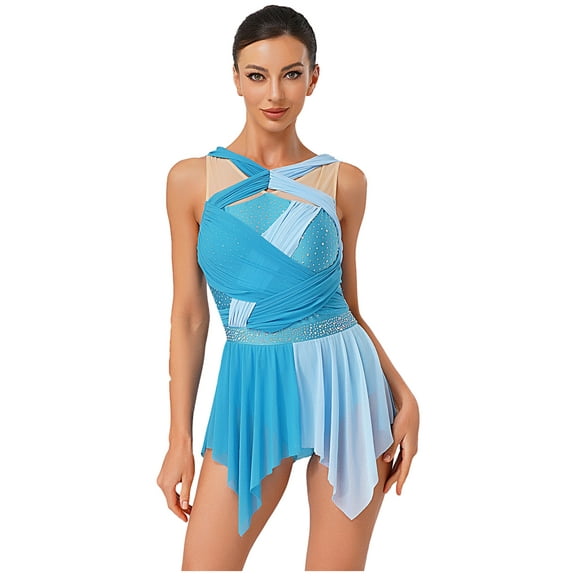 Nyeemya Women's Color Block Ruched Lyrical Dance Dress Sleeveless Irregular Skirt Leotard Ballet Dancewear Light Blue XXL