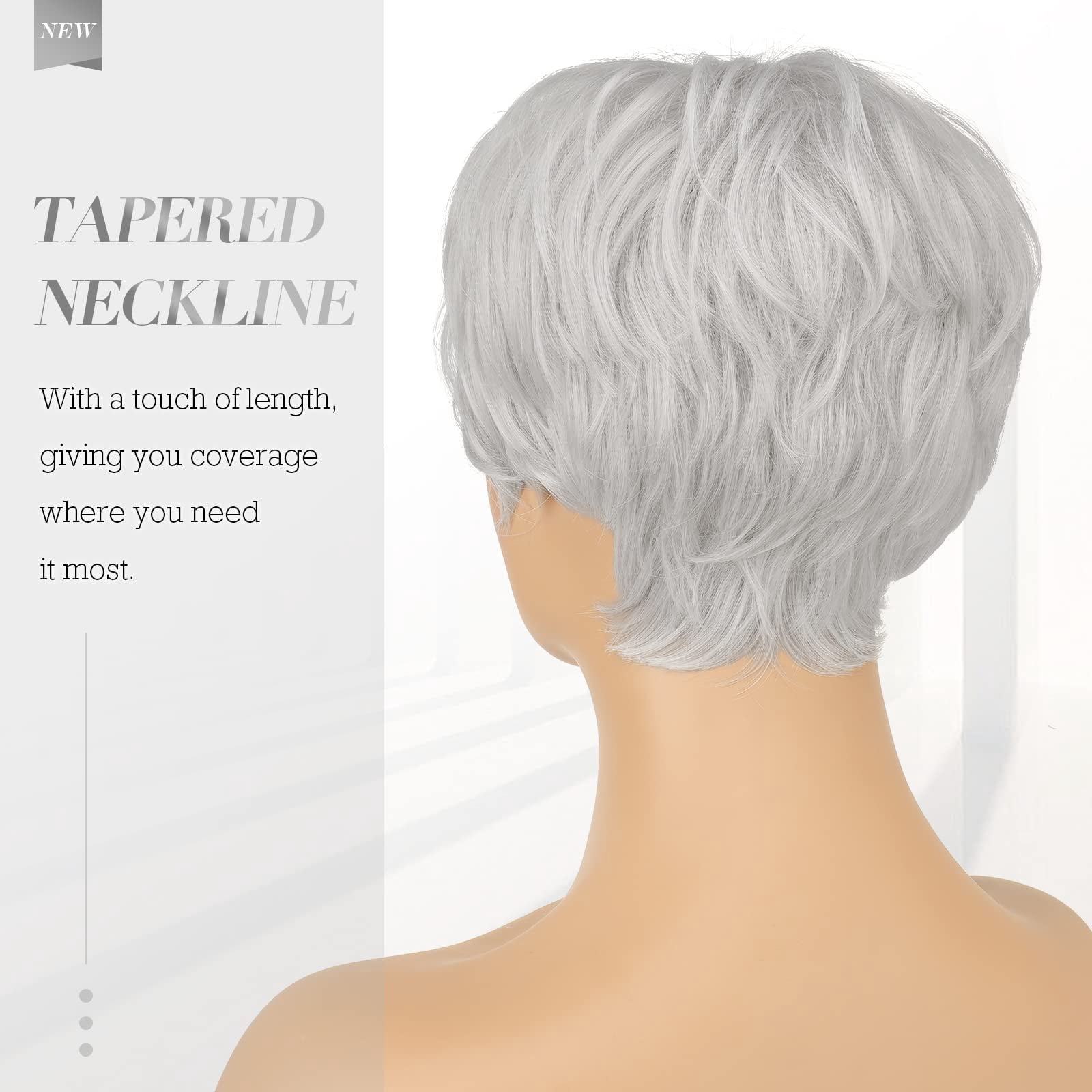Layered Pixie Cut Wigs Synthetic Short Ombre Gray Wavy Grey to Black Glueless Wig for Women with Bangs