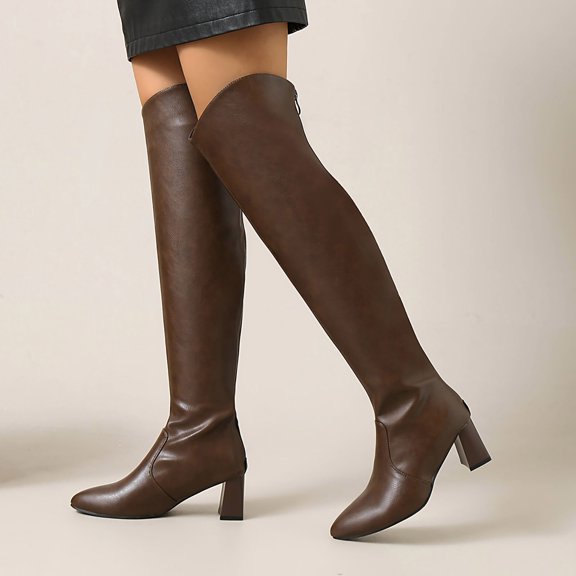 Viluyesy Over The Knee Boots for Women Faux Leather Pointed Toe Chunky Heel Side Zipper Comfortable Dress Shoes Brown Size 8.5