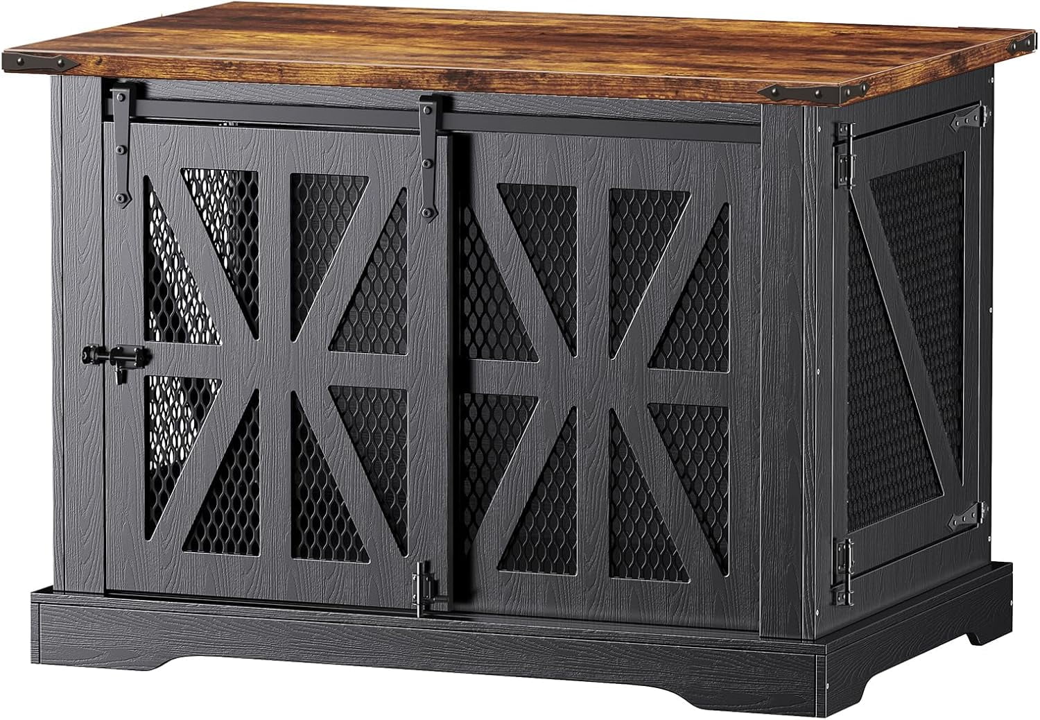 Flycity 39.4''Farmhouse Dog Crate Furniture with Sliding Door, Heavy Duty Dog Crate for Small Medium Dogs, Wooden Dog Kennel Indoor with 3 Doors, Decorative Pet House End Table for Living Room, Black