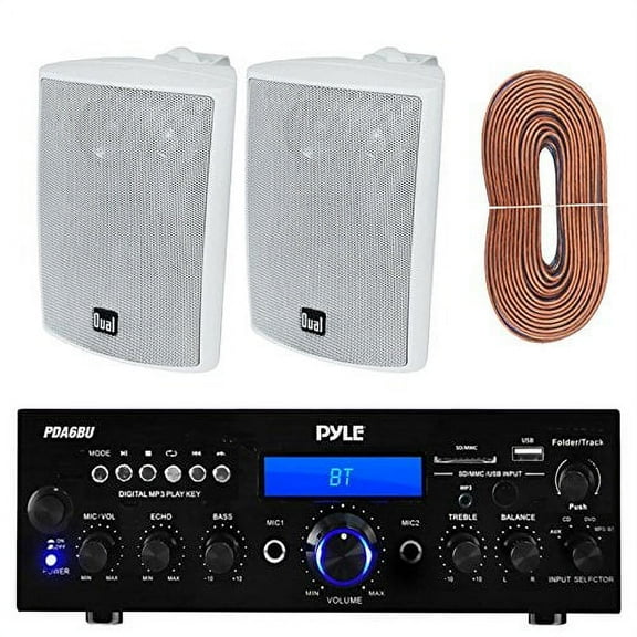 Pyle PDA6BU Amplifier Receiver Stereo, Bluetooth, AM/FM Radio, USB Flash Reader, Aux input LCD Display, 200 Watt With Dual LU43PW Indoor/Outdoor Speakers Bundle With Enrock 50ft 16g Speaker Wire