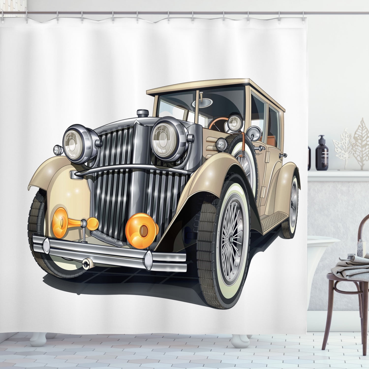 Cars Shower Curtain, Vintage Vehicle Design Retro Car Hand Drawn
