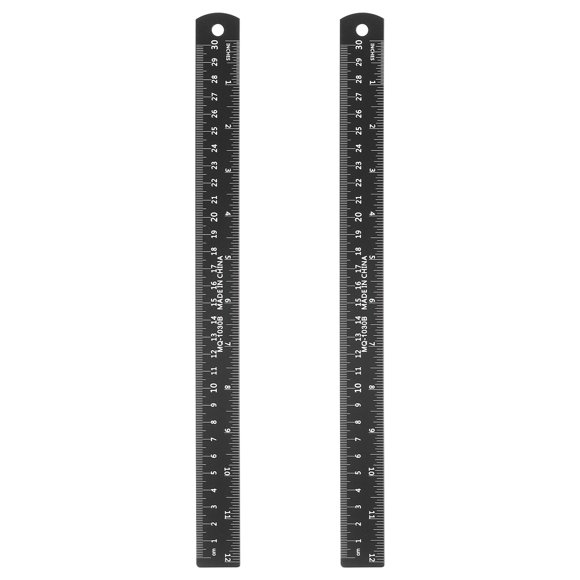 Uxcell 2 Pcs Straight Ruler 11.81" Metric SAE Aluminum Rulers with Hole Black