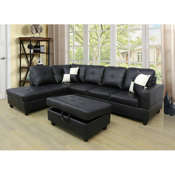 PonLiving Furniture Frame 103.5'' Left or Right Facing Sleeper Sectional with Storage Ottoman, Living Room Sectional Couches Set, Red Leather Sectional Sofa