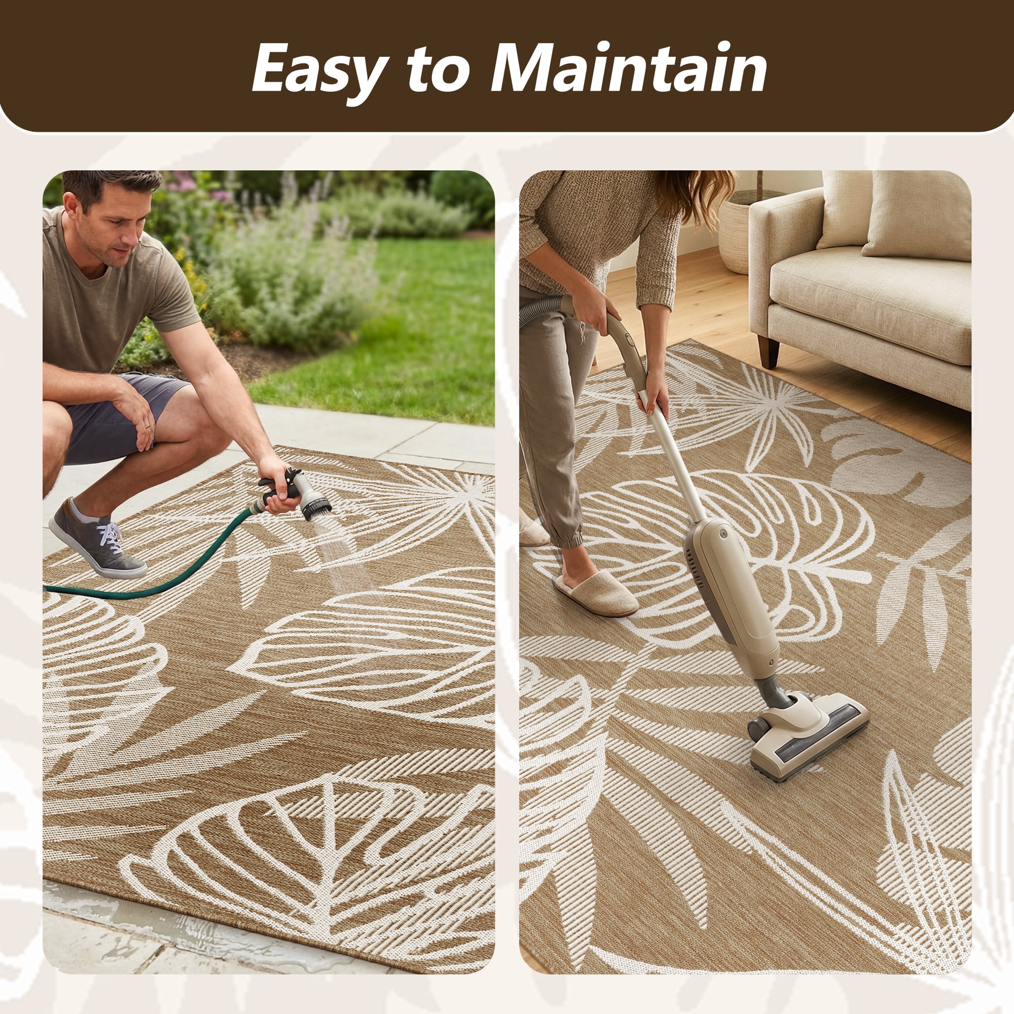 SIXHOME Outdoor Rugs 9'x12' Patio Rug Tropical Indoor Outdoor Rugs Polypropylene Washable Non Shedding, Easy Clean, Waterproof, Durable Outdoor Carpet for Porch Balcony Deck Neutral Brown