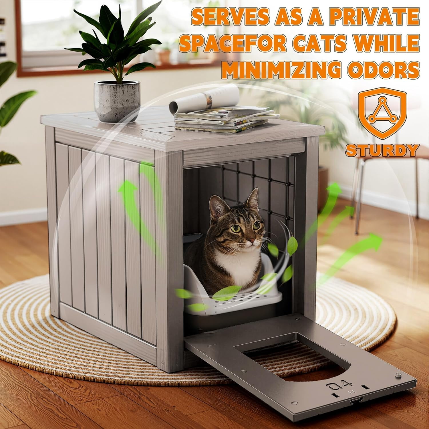 Cat Litter Box Enclosure, Multi-Functional Hidden Litter Box Furniture & Indoor Outdoor Cat House with Side Table Design, Openable Front Door & Raised Floor, Easy to Clean & Assemble, Grey