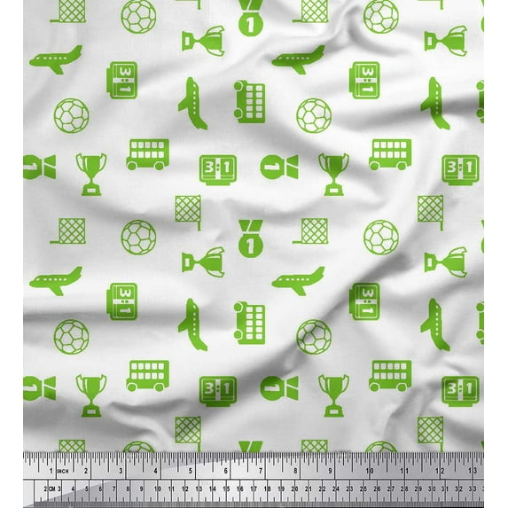 Soimoi Green Modal Satin Fabric Vehicles,Trophy & Football Sports Printed Fabric 1 Yard 42 Inch Wide