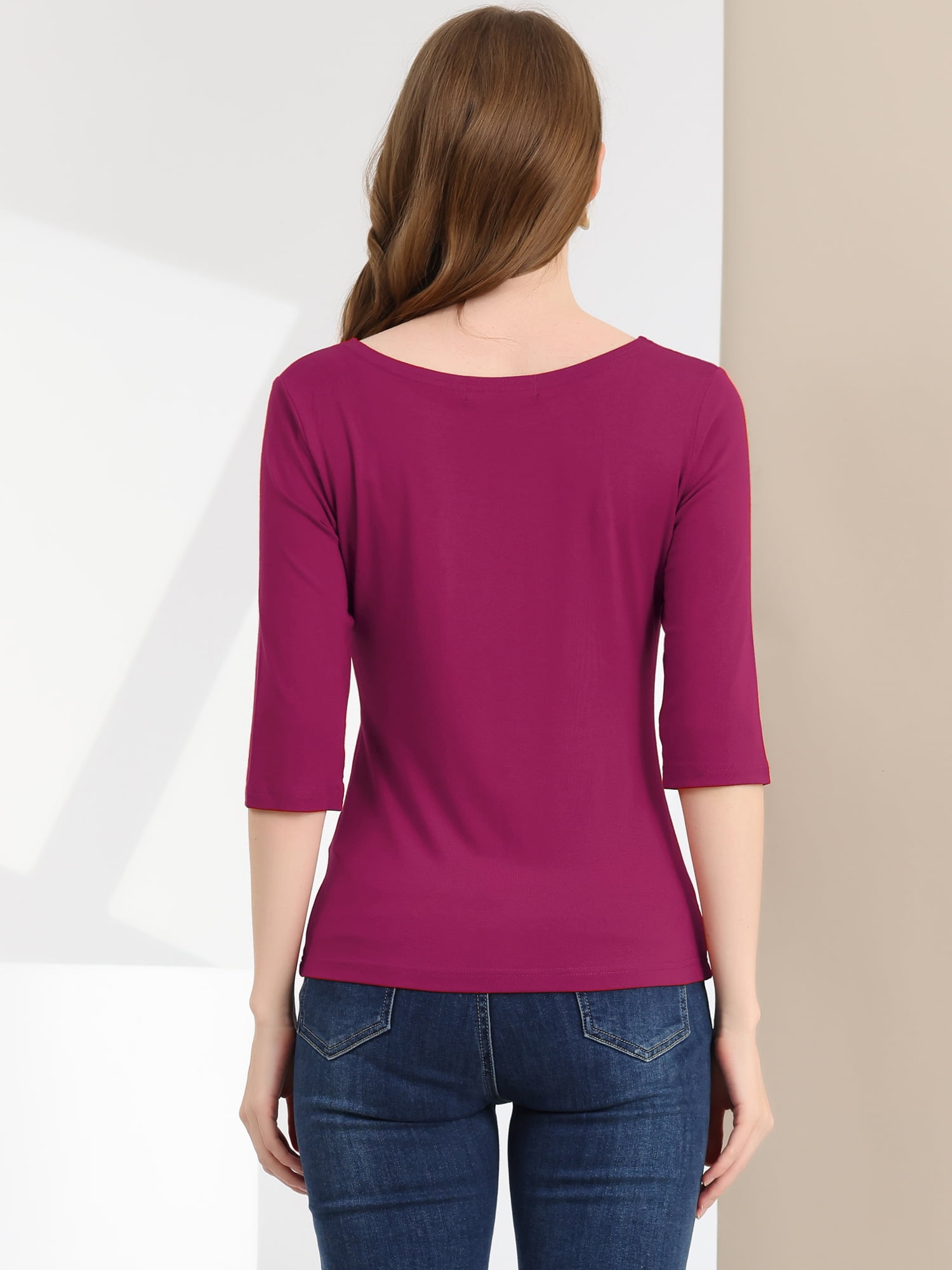 DARING DIVA Women's Elbow Sleeves Boat Neck Slim Fit Classic Tee M Fuchsia