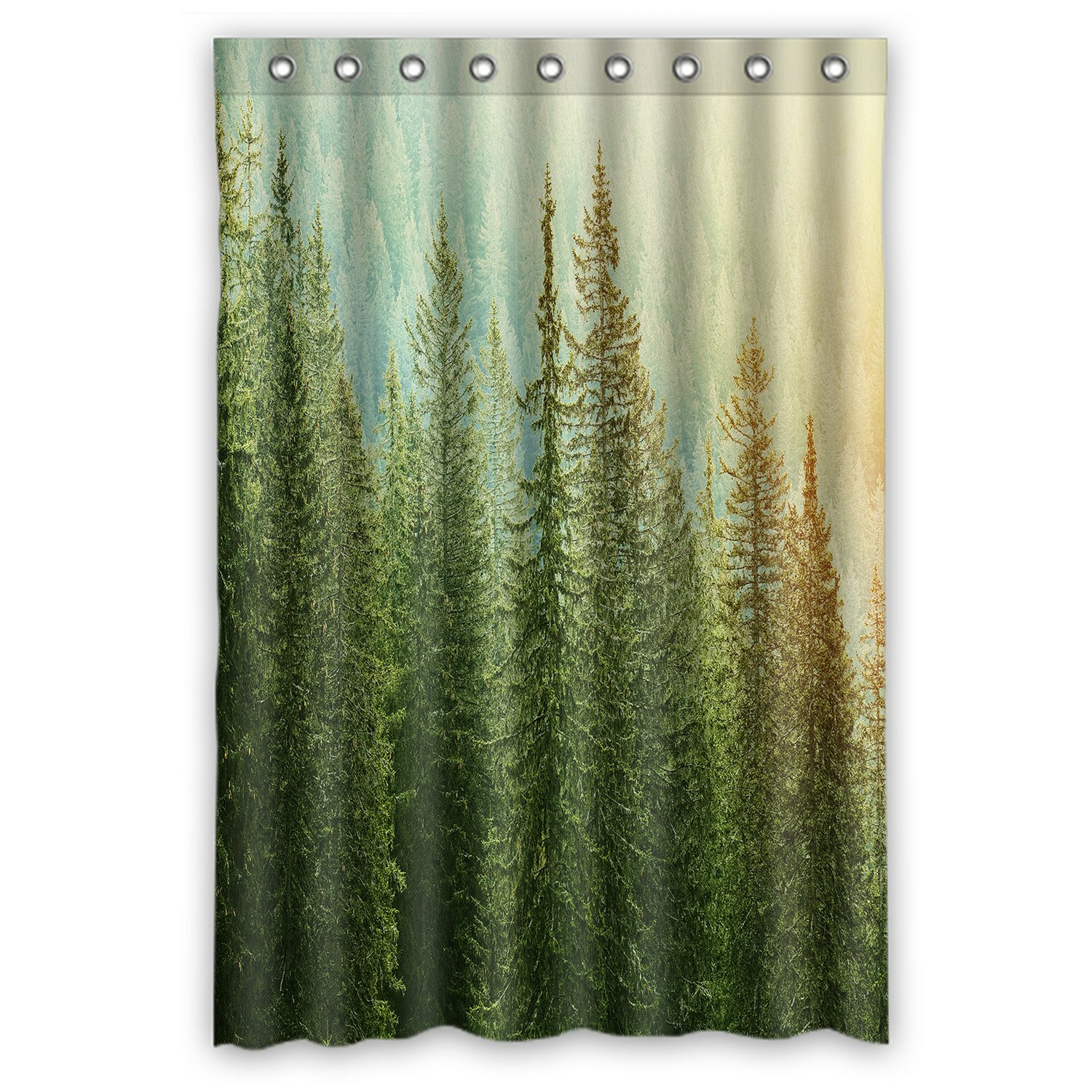 PHFZK Landscape Shower Curtain, Green Trees in a Forest at Sunset