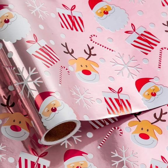 WarmHaven Christmas Wrapping Paper Roll for Girls Women, Santa Claus, Reindeer & Gift Boxes on Pink Metallic Foil, Mini Roll 17 in x 9.8 Ft, Cute Holiday Gift Wrap with Snowflakes & Candy Canes