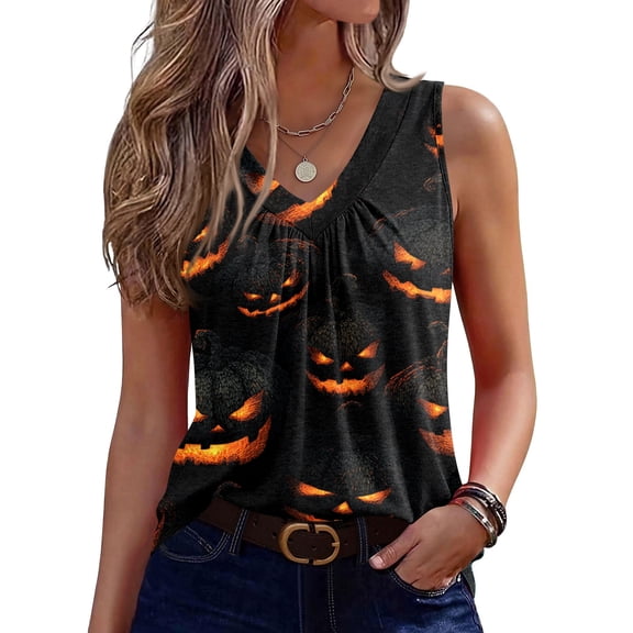 Halloween Tank Tops for Women V-Neck Sleeveless Tops for Women, Soft Polyester Cami for Party and Casual Black L