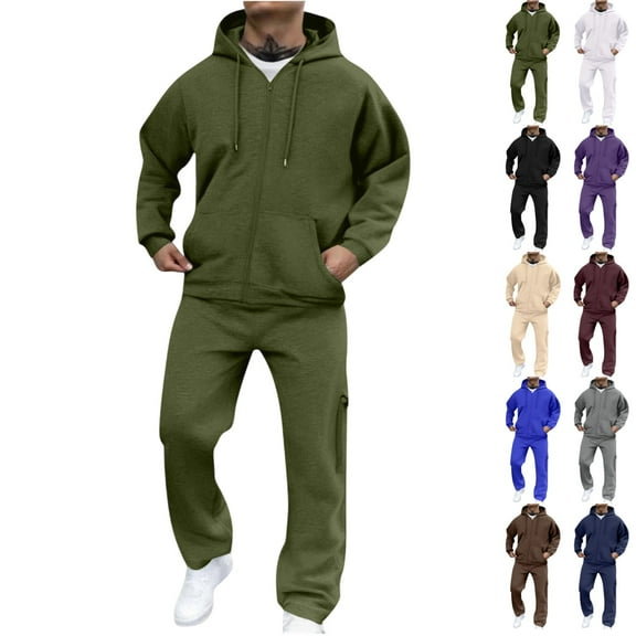 LNZGNM Green Track Suits Mens Gym Sweat Suits Men Autumn Zip Up Hoodie and Sweatpants Set Casual Outfits with Pockets, Dark Green L