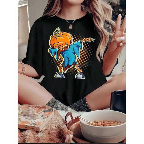 Camiseta deportiva informal, sencilla y moderna con estampado de calabaza y espantapájaros, cuello redondo y manga corta, estilo moderno y creativo, para mujer, cómoda y de verano.